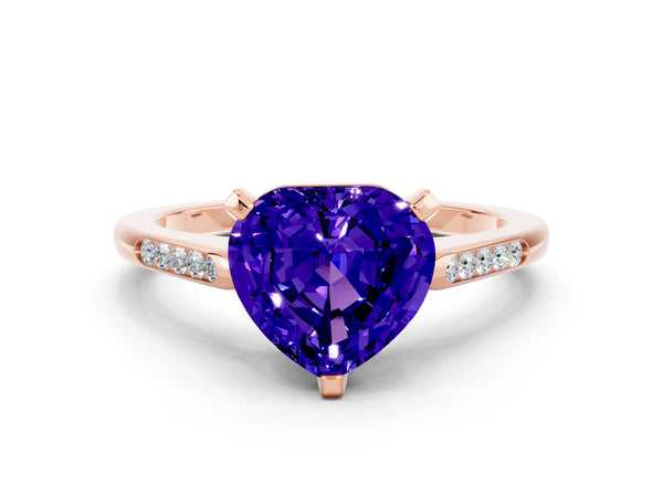 Rose gold Heart Cut Tanzanite Solitaire Ring with Channel Set Round  Band and Prong Setting
