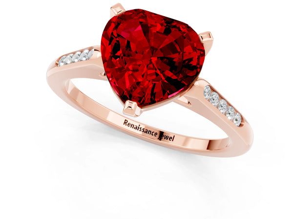Rose gold Heart Cut Ruby Solitaire Ring with Channel Set Round Band and Prong Setting