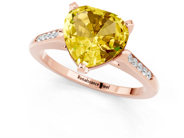 Rose gold Heart Cut Yellow Sapphire Solitaire Ring with Channel Set Round Band and Prong Setting