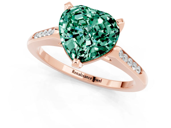 Rose gold Heart Cut Green Sapphire Solitaire Ring with Channel Set Round Band and Prong Setting