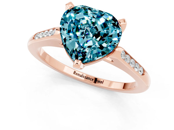 Rose gold Heart Cut Blue Topaz Solitaire Ring with Channel Set Round Band and Prong Setting