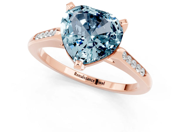 Rose gold Heart Cut Aquamarine Solitaire Ring with Channel Set Round Band and Prong Setting