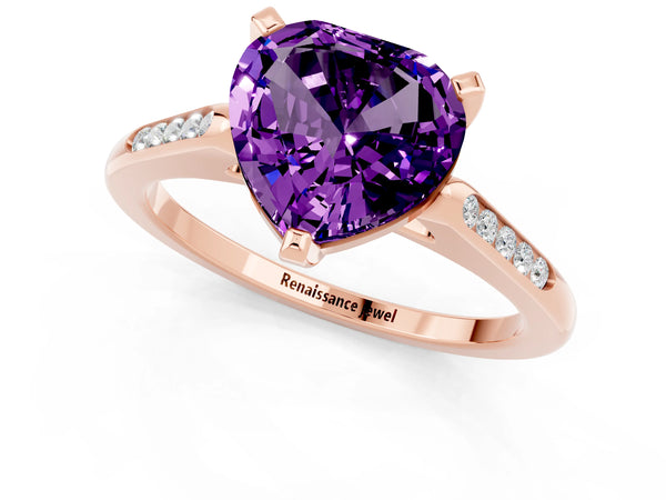 Rose gold Heart Cut Amethyst Solitaire Ring with Channel Set Round Band and Prong Setting