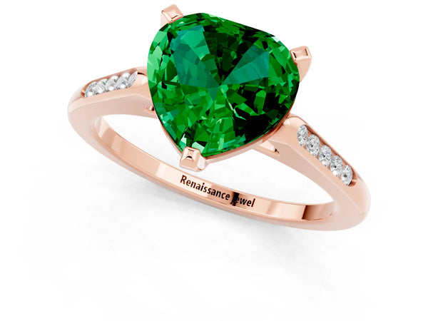 Rose gold Heart Cut Emerald Solitaire Ring with Channel Set Round Band and Prong Setting