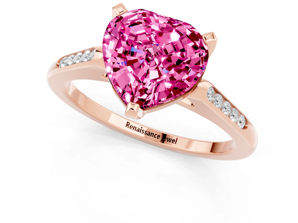 Rose gold Heart Cut Pink Sapphire Solitaire Ring with Channel Set Round Band and Prong Setting