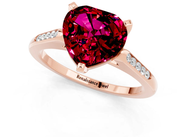 Rose gold Heart Cut Garnet Solitaire Ring with Channel Set Round Band and Prong Setting