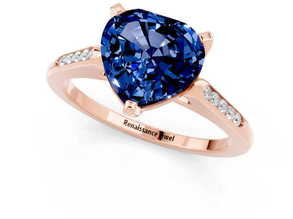 Rose gold Heart Cut Blue Sapphire Solitaire Ring with Channel Set Round Band and Prong Setting