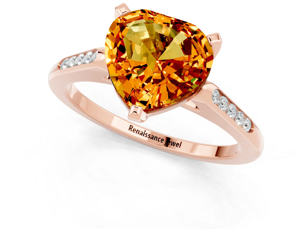 Rose gold Heart Cut Citrine Solitaire Ring with Channel Set Round Band and Prong Setting
