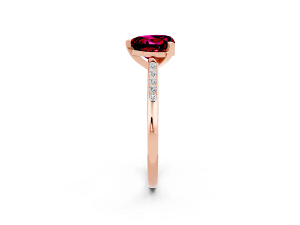 Rose gold Heart Cut Garnet Solitaire Ring with Channel Set Round Band and Prong Setting