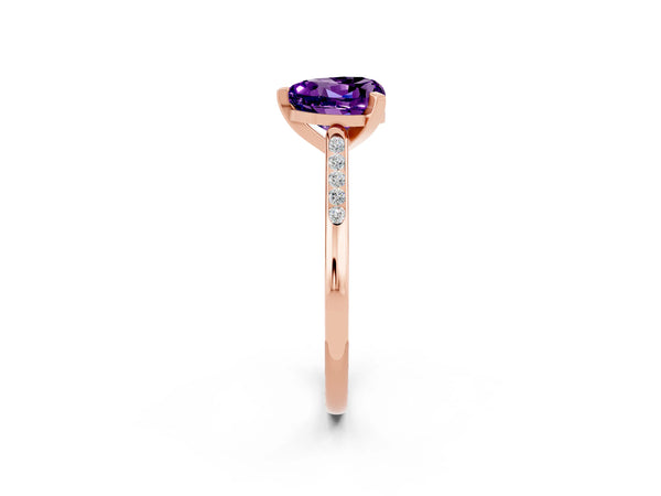 Rose gold Heart Cut Amethyst Solitaire Ring with Channel Set Round Band and Prong Setting