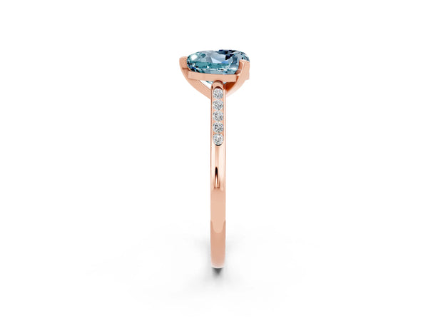 Rose gold Heart Cut Aquamarine Solitaire Ring with Channel Set Round Band and Prong Setting