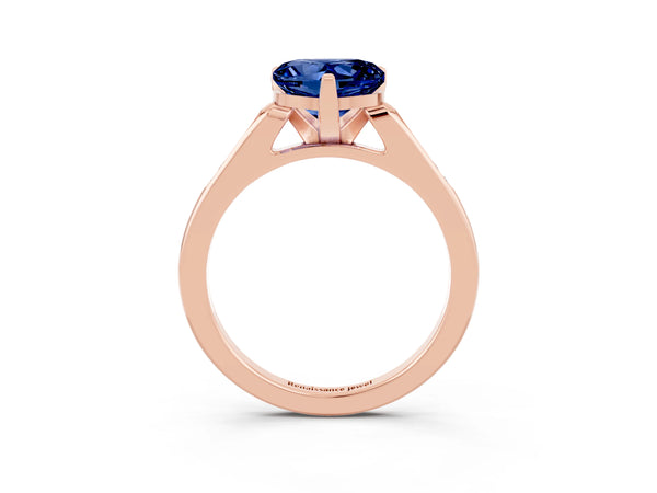 Rose gold Heart Cut Blue Sapphire Solitaire Ring with Channel Set Round Band and Prong Setting