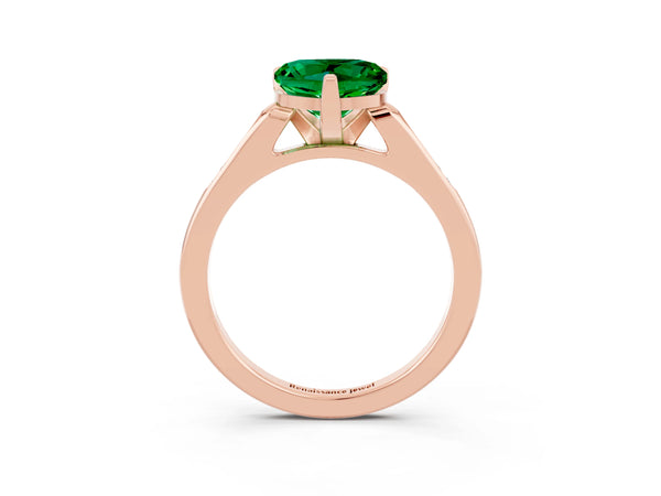 Rose gold Heart Cut Emerald Solitaire Ring with Channel Set Round Band and Prong Setting