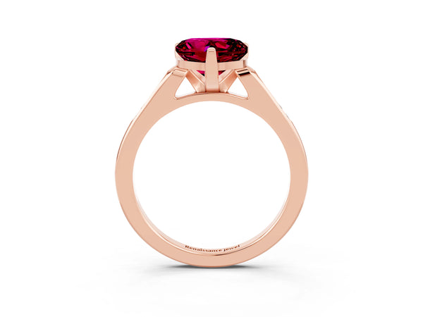 Rose gold Heart Cut Garnet Solitaire Ring with Channel Set Round Band and Prong Setting