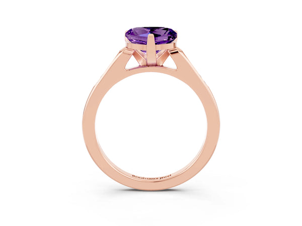 Rose gold Heart Cut Amethyst Solitaire Ring with Channel Set Round Band and Prong Setting