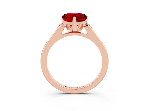 Rose gold Heart Cut Ruby Solitaire Ring with Channel Set Round Band and Prong Setting