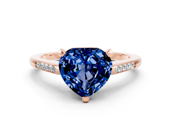 Rose gold Heart Cut Blue Sapphire Solitaire Ring with Channel Set Round Band and Prong Setting