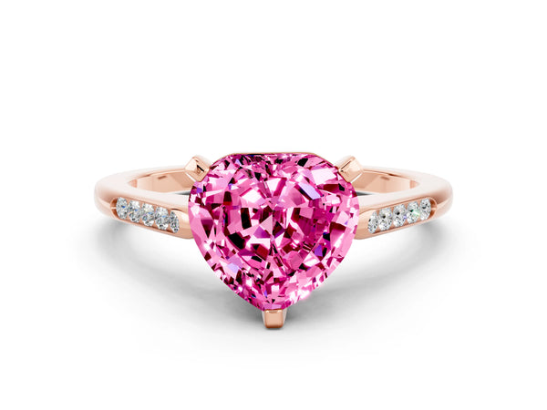 Rose gold Heart Cut Pink Sapphire Solitaire Ring with Channel Set Round Band and Prong Setting