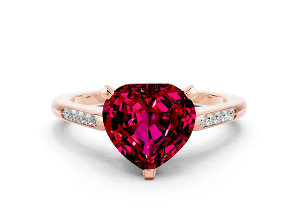 Rose gold Heart Cut Garnet Solitaire Ring with Channel Set Round Band and Prong Setting
