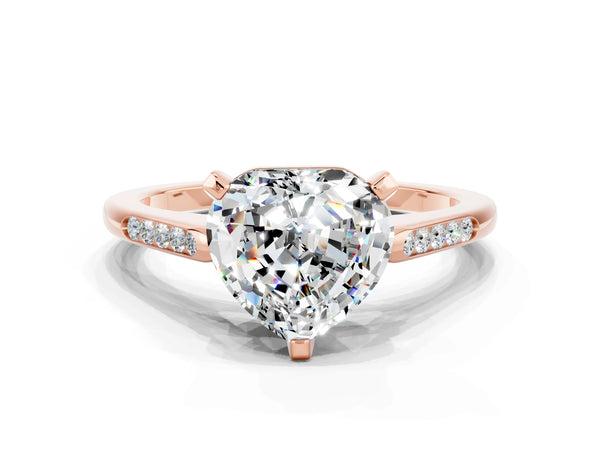 Rose gold Heart Cut Moissanite Solitaire Ring with Channel Set Round Band and Prong Setting