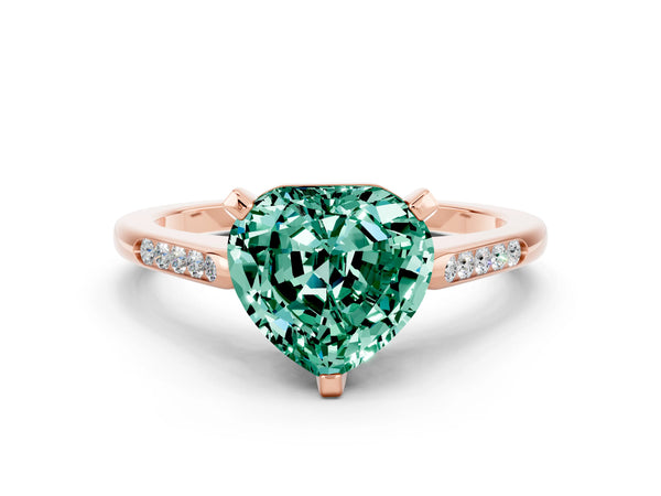 Rose gold Heart Cut Green Sapphire Solitaire Ring with Channel Set Round Band and Prong Setting