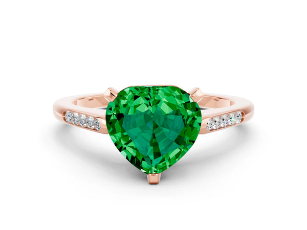 Rose gold Heart Cut Emerald Solitaire Ring with Channel Set Round Band and Prong Setting