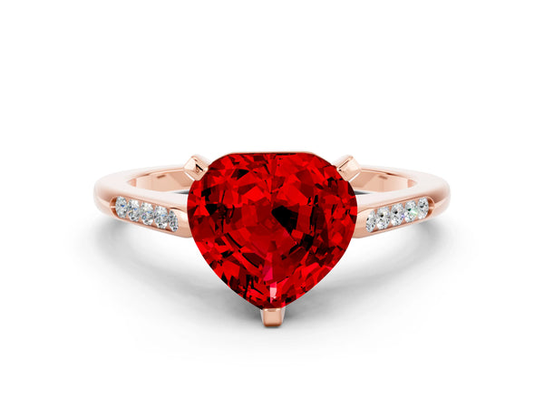 Rose gold Heart Cut Ruby Solitaire Ring with Channel Set Round Band and Prong Setting