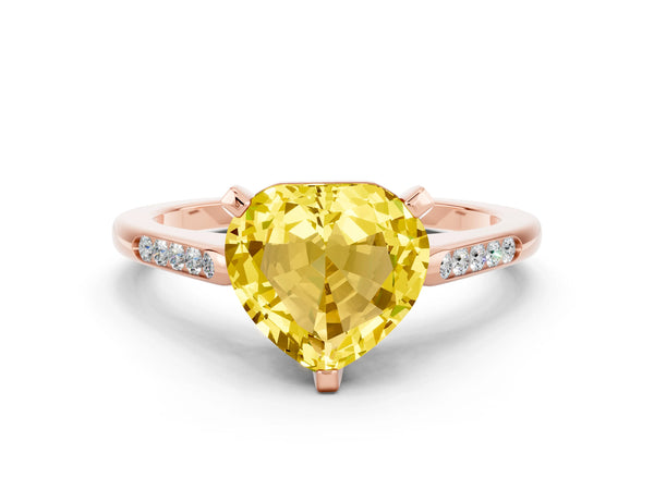 Rose gold Heart Cut Yellow Sapphire Solitaire Ring with Channel Set Round Band and Prong Setting