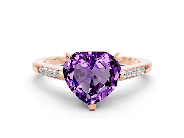 Rose gold Heart Cut Amethyst Solitaire Ring with Channel Set Round Band and Prong Setting