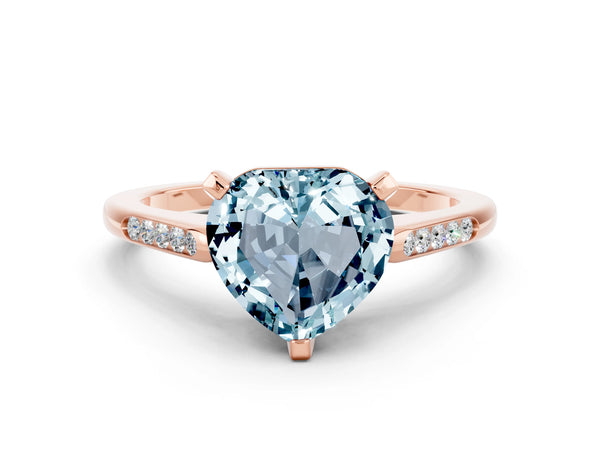 Rose gold Heart Cut Aquamarine Solitaire Ring with Channel Set Round Band and Prong Setting