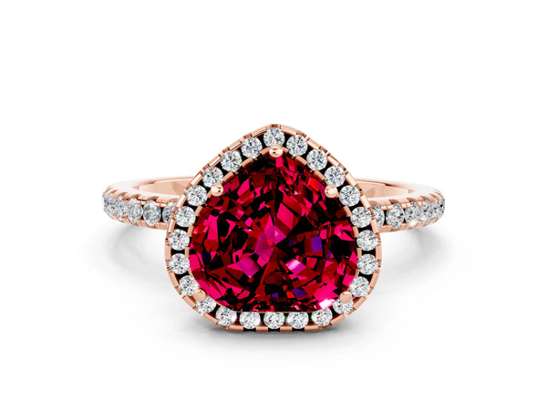 Rose gold Heart Cut Garnet Halo Engagement Ring with Round Pavé Band and Prong Setting