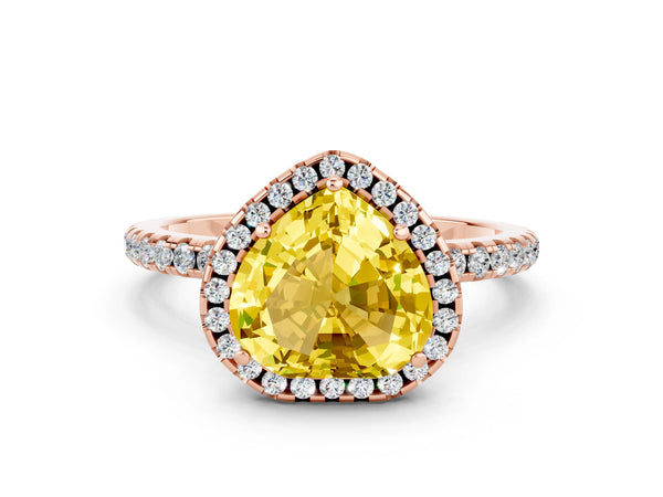 Rose gold Heart Cut Yellow Sapphire Halo Engagement Ring with Round Pavé Band and Prong Setting