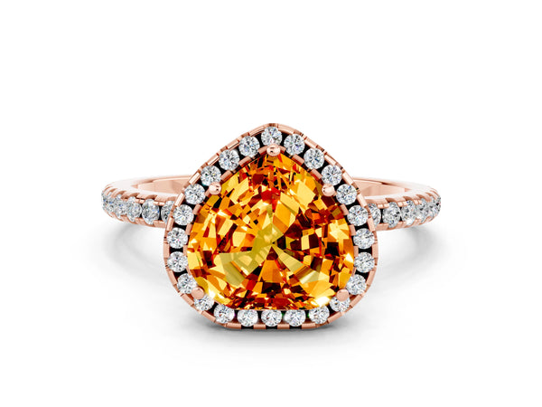 Rose gold Heart Cut Citrine Halo Engagement Ring with Round Pavé Band and Prong Setting