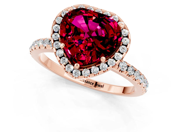 Rose gold Heart Cut Garnet Halo Engagement Ring with Round Pavé Band and Prong Setting
