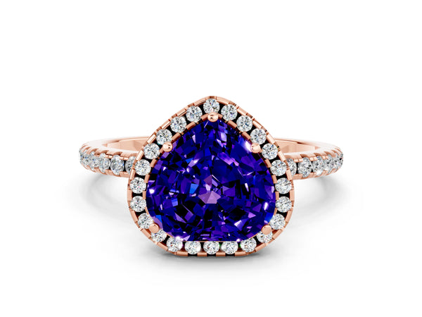 Rose gold Heart Cut Tanzanite Halo Engagement Ring with Round Pavé Band and Prong Setting