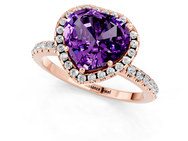 Rose gold Heart Cut Amethyst Halo Engagement Ring with Round Pavé Band and Prong Setting