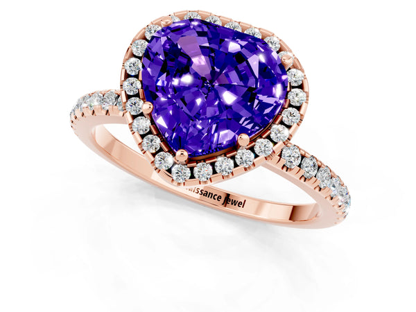 Rose gold Heart Cut Tanzanite Halo Engagement Ring with Round Pavé Band and Prong Setting