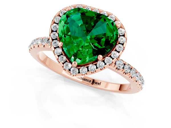 Rose gold Heart Cut Emerald Halo Engagement Ring with Round Pavé Band and Prong Setting