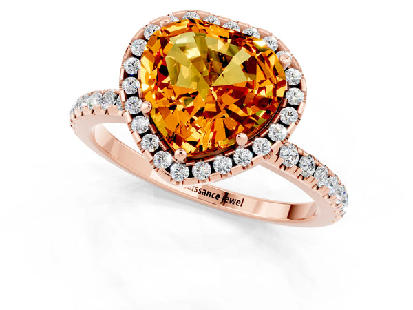 Rose gold Heart Cut Citrine Halo Engagement Ring with Round Pavé Band and Prong Setting