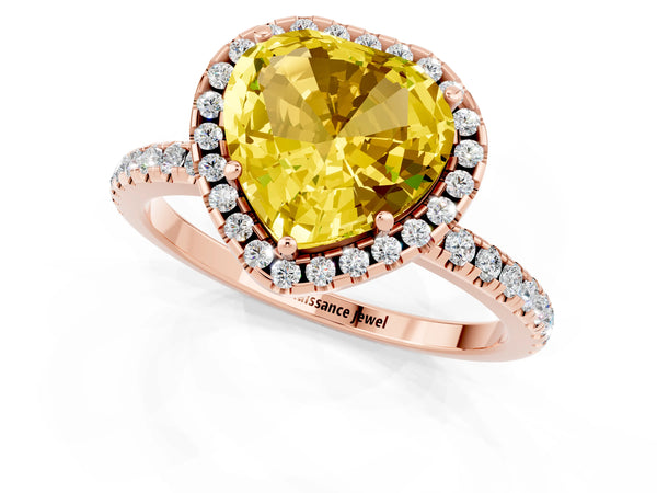 Rose gold Heart Cut Yellow Sapphire Halo Engagement Ring with Round Pavé Band and Prong Setting