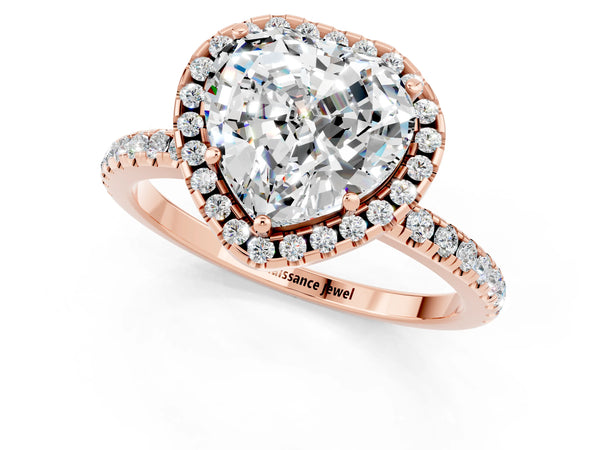 Rose gold Heart Cut Moissanite Halo Engagement Ring with Round Pavé Band and Prong Setting