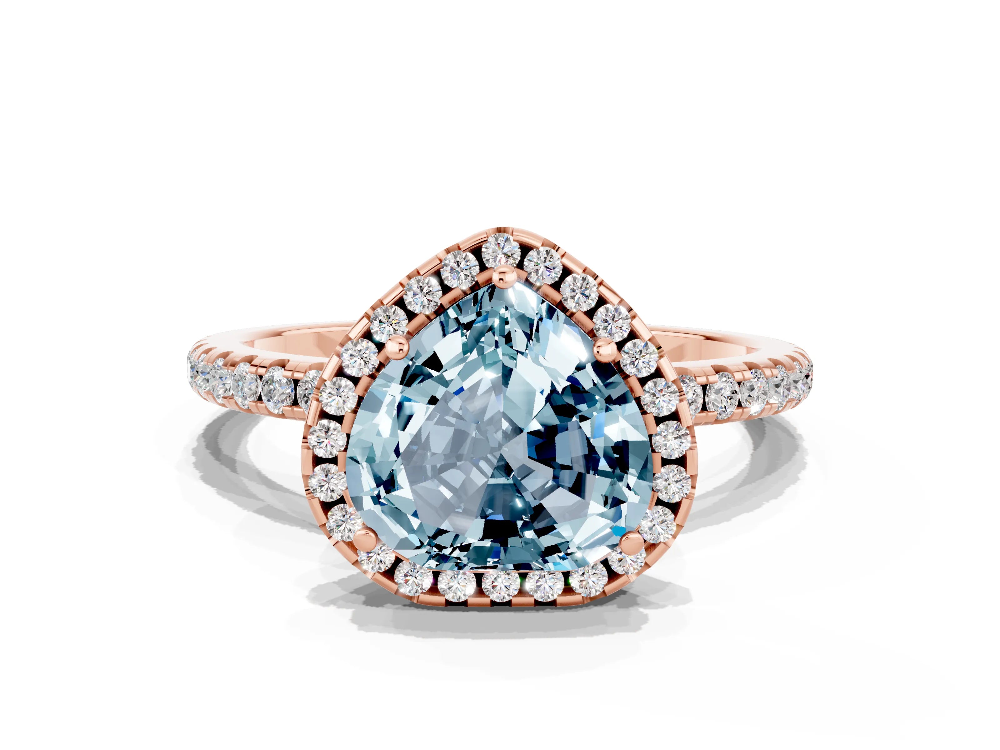 Rose gold Heart Cut Cut Diamond Floral Halo Engagement Ring with Pavé Band and Prong Setting