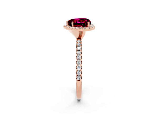 Rose gold Heart Cut Garnet Halo Engagement Ring with Round Pavé Band and Prong Setting