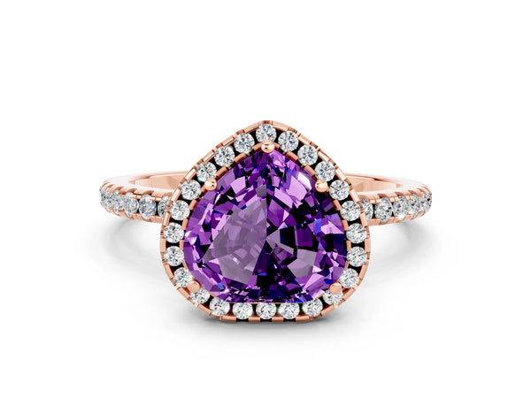 Rose gold Heart Cut Amethyst Halo Engagement Ring with Round Pavé Band and Prong Setting