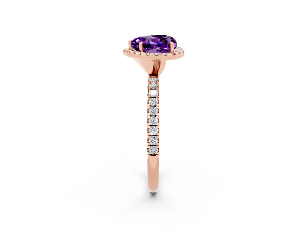 Rose gold Heart Cut Amethyst Halo Engagement Ring with Round Pavé Band and Prong Setting