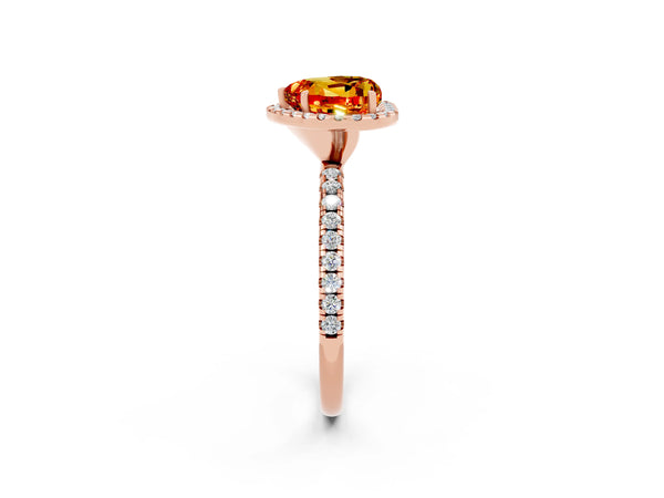 Rose gold Heart Cut Citrine Halo Engagement Ring with Round Pavé Band and Prong Setting