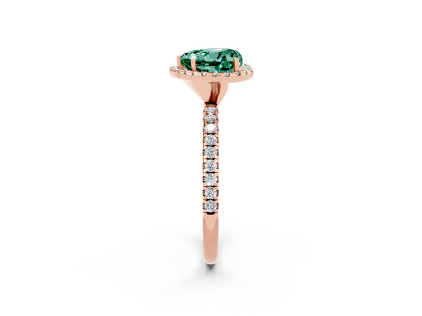 Rose gold Heart Cut Green Sapphire Halo Engagement Ring with Round Pavé Band and Prong Setting