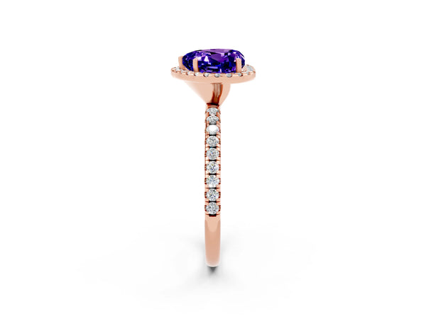 Rose gold Heart Cut Tanzanite Halo Engagement Ring with Round Pavé Band and Prong Setting