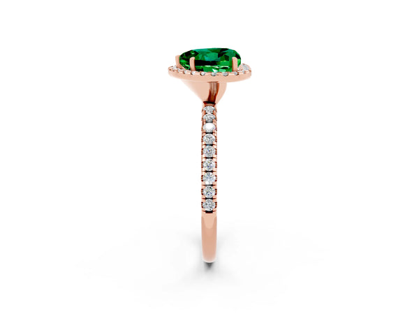 Rose gold Heart Cut Emerald Halo Engagement Ring with Round Pavé Band and Prong Setting