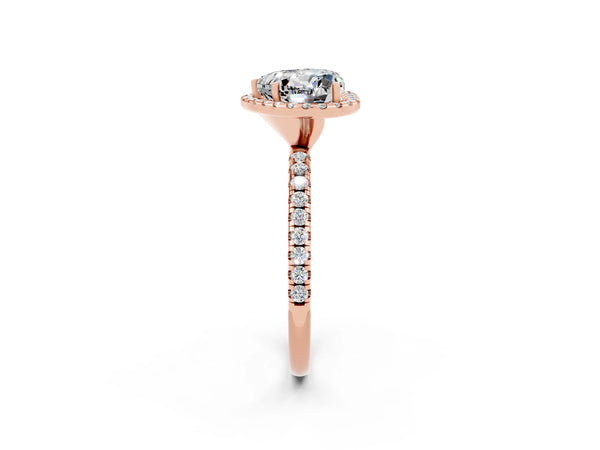 Rose gold Heart Cut Moissanite Halo Engagement Ring with Round Pavé Band and Prong Setting